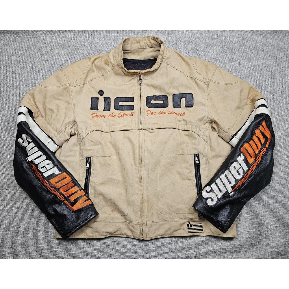 Icon Super Duty Jacket Mens XL Beige Black Canvas Leather Motorcycle Riding